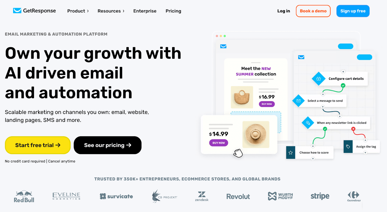 GetResponse homepage: Own your growth with AI driven email and automation