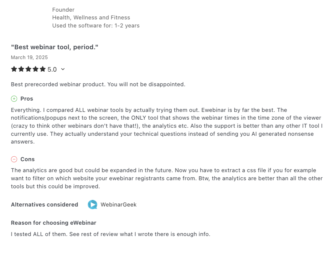 eWebinar Review from Health, Wellness, and Fitness Founder: "Best webinar tool, period."