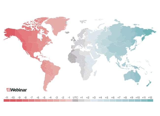 Mapa con código de colores de los husos horarios de cada país del mundo (de -11 a +12).