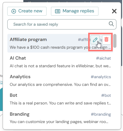 edit saved reply in chat