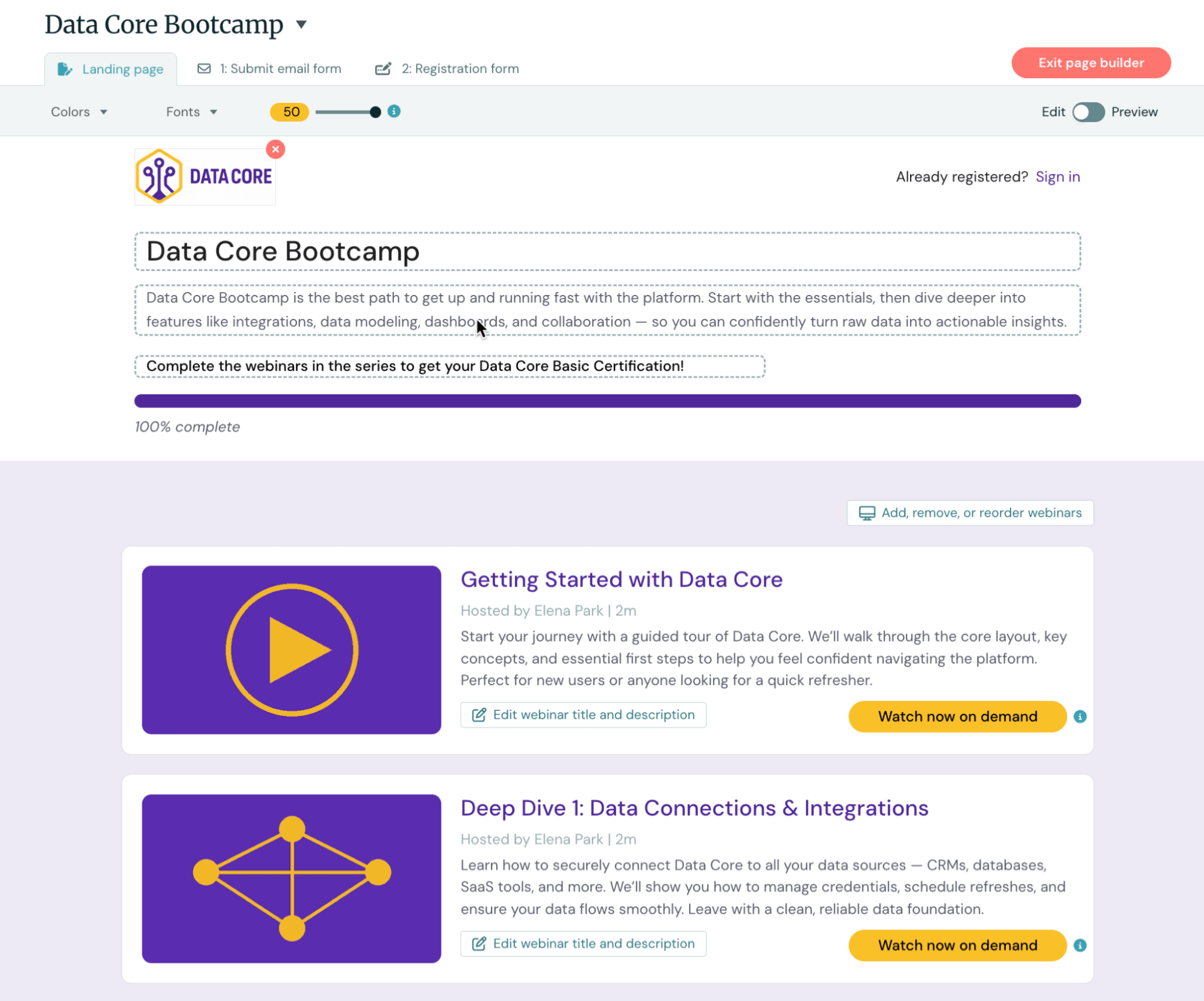 eWebinar: Setting up Data Core Bootcamp landing page