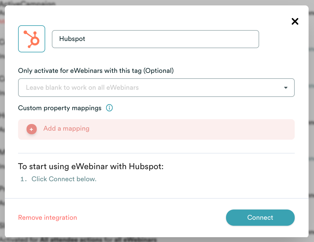 eWebinar integration modal with Hubspot