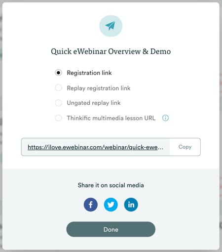 Opciones para compartir el eWebinar