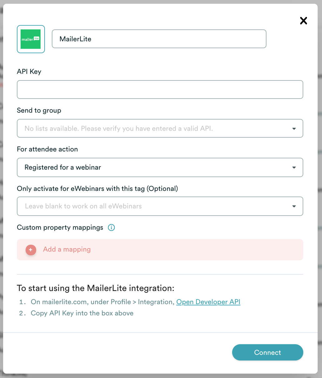 Modalidad de integración de eWebinar con MailerLite