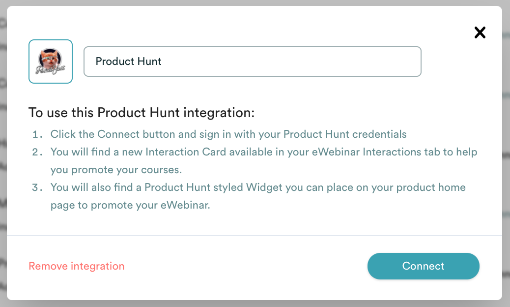 Modalidad de integración de eWebinar con Product Hunt