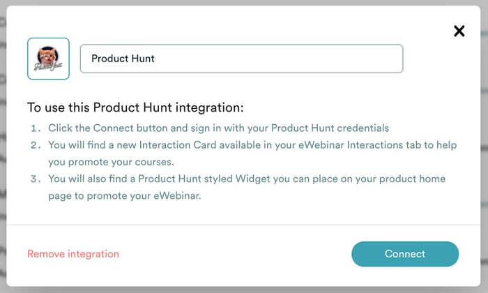 Modalidad de integración de eWebinar Product Hunt