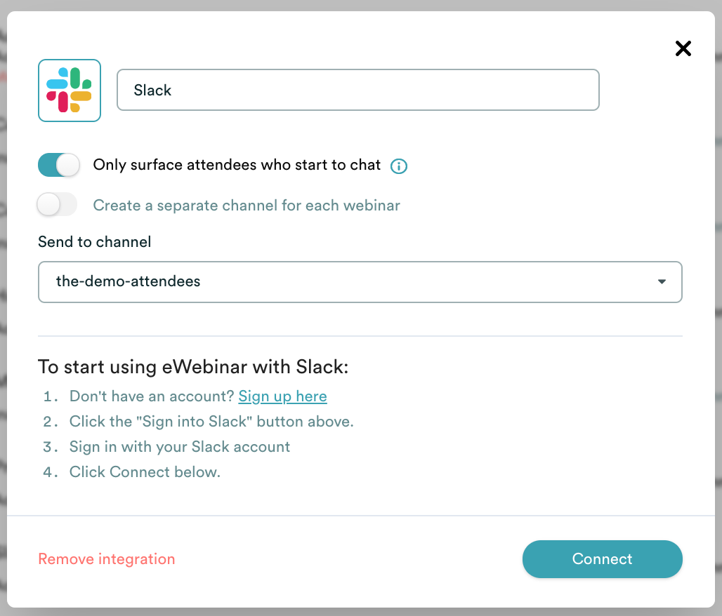 Modalidad de integración de eWebinar con Slack