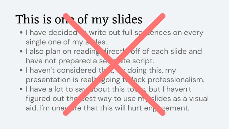 Un ejemplo de diapositiva de presentación que utiliza demasiado texto