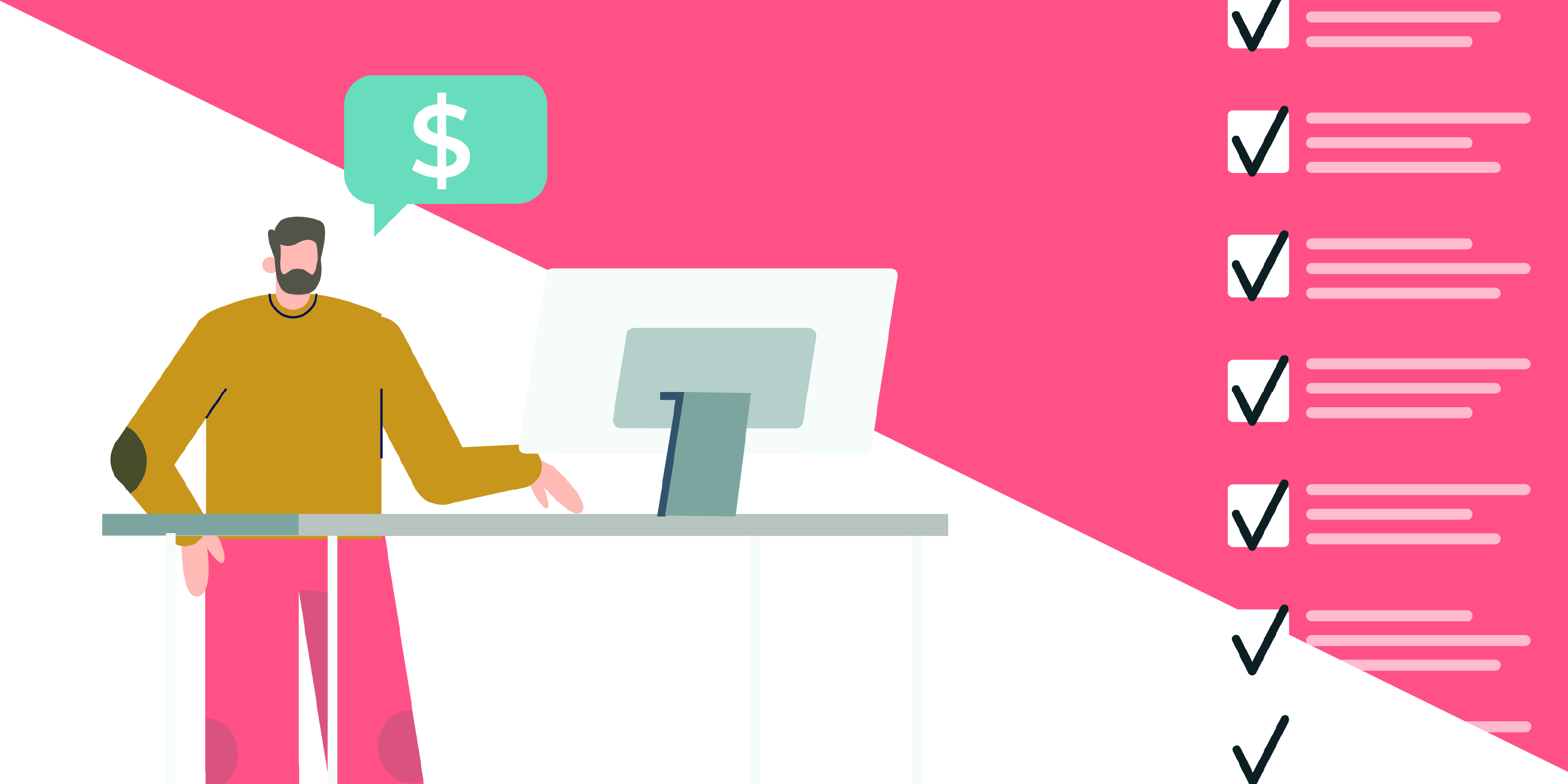 Hombre mirando el ordenador con una lista de comprobación