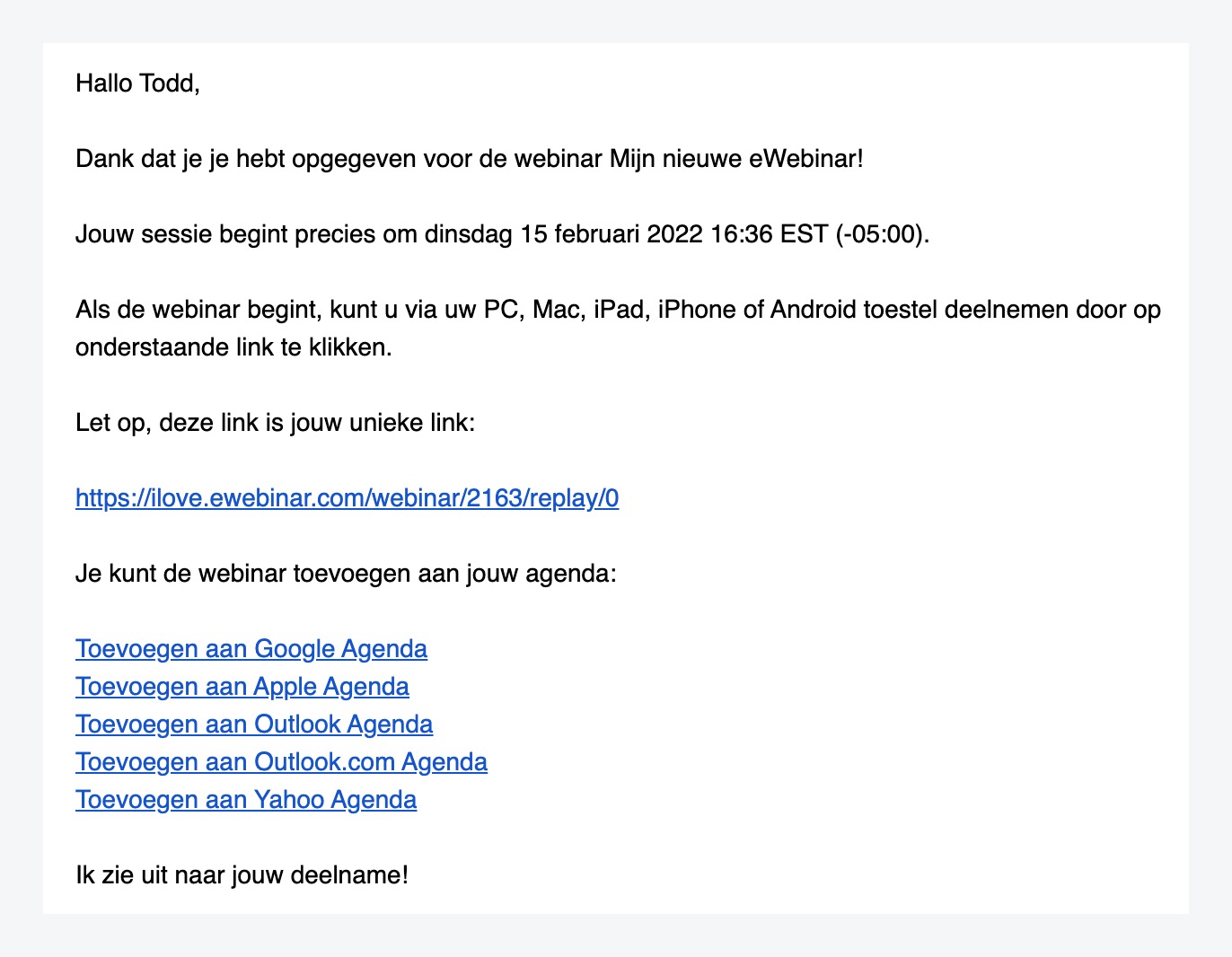 Correo electrónico de confirmación en la plantilla estándar de eWebinar en holandés