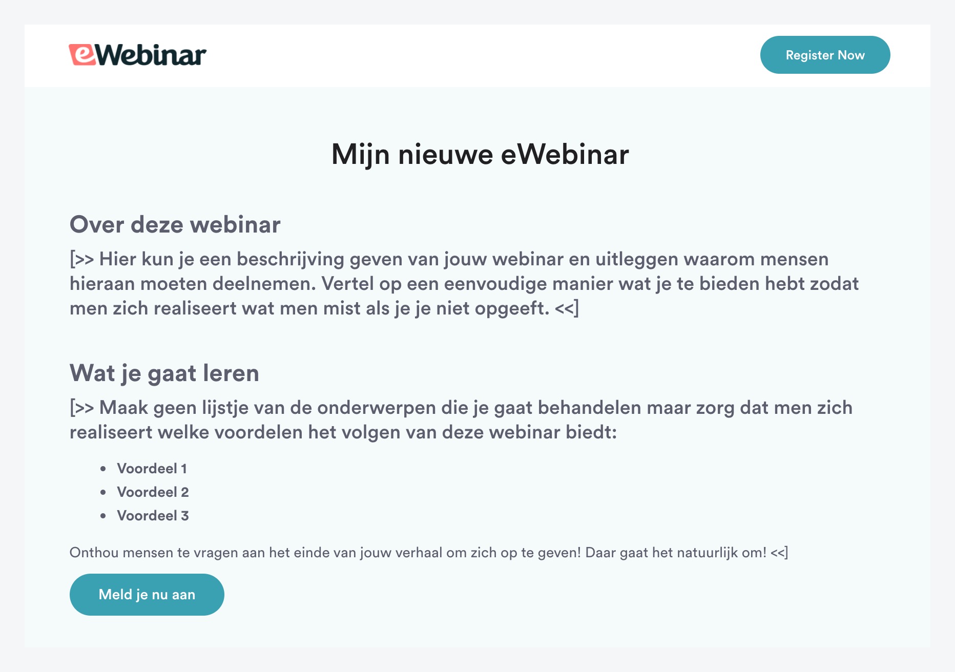 Página de registro en la plantilla estándar de eWebinar en holandés