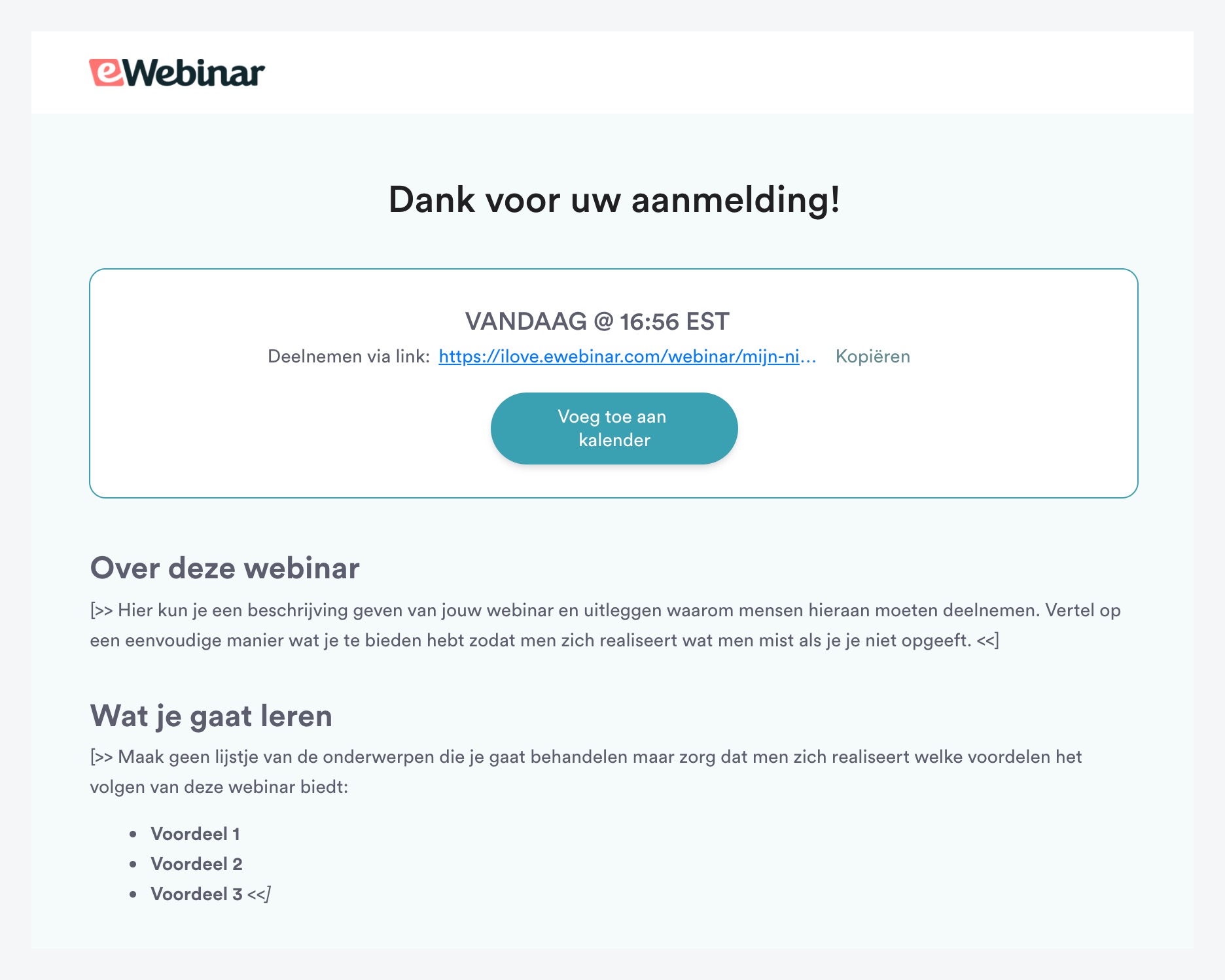 Página de agradecimiento en la plantilla estándar de eWebinar en holandés