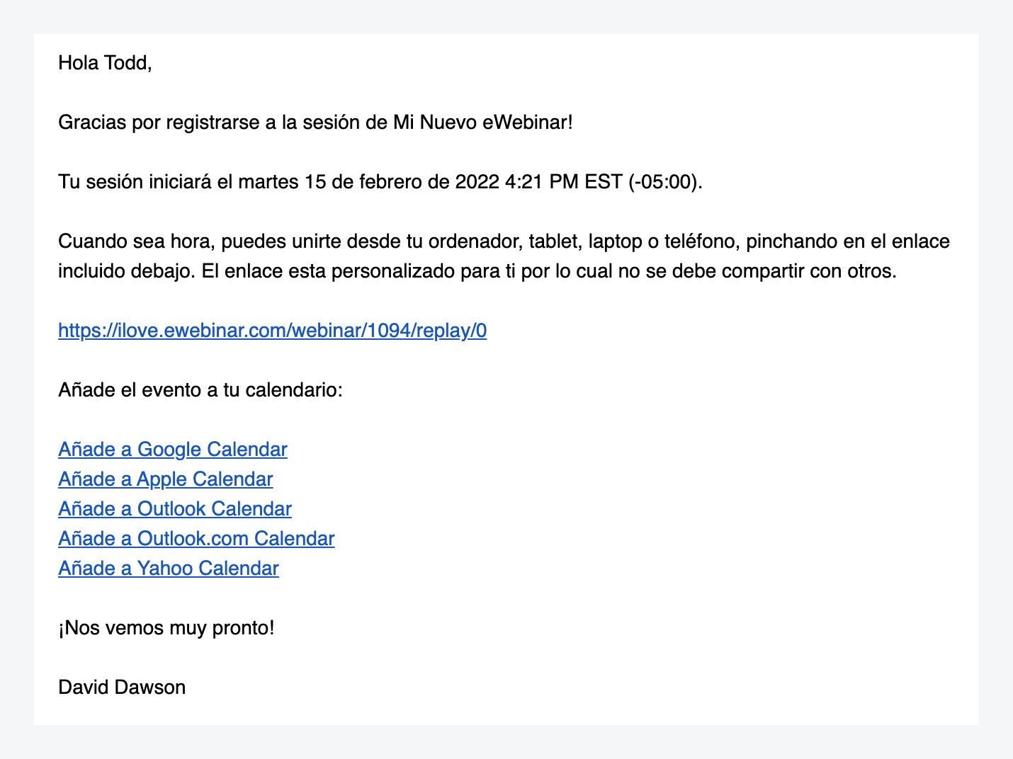 Correo electrónico de confirmación en la plantilla estándar de eWebinar en español