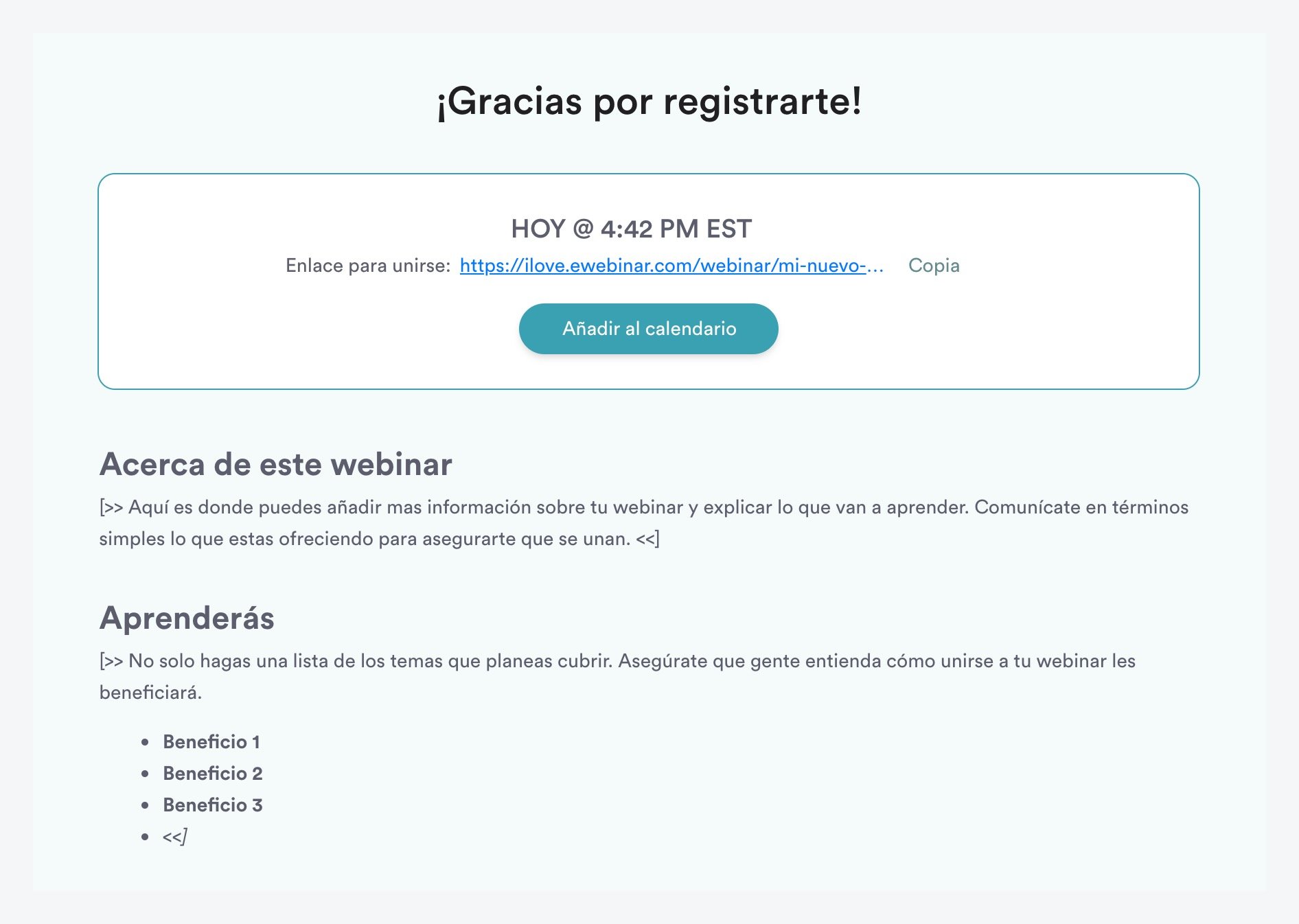 Página de agradecimiento en la plantilla estándar de eWebinar en español